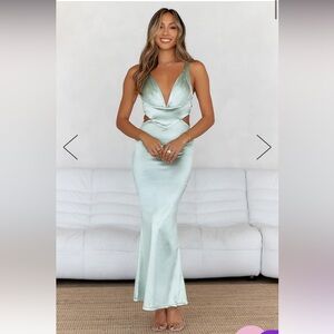 Hello Molly Sunset Views Satin Midi Dress Sage